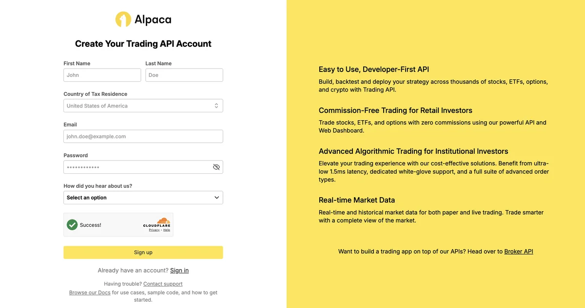 The Alpaca signup form