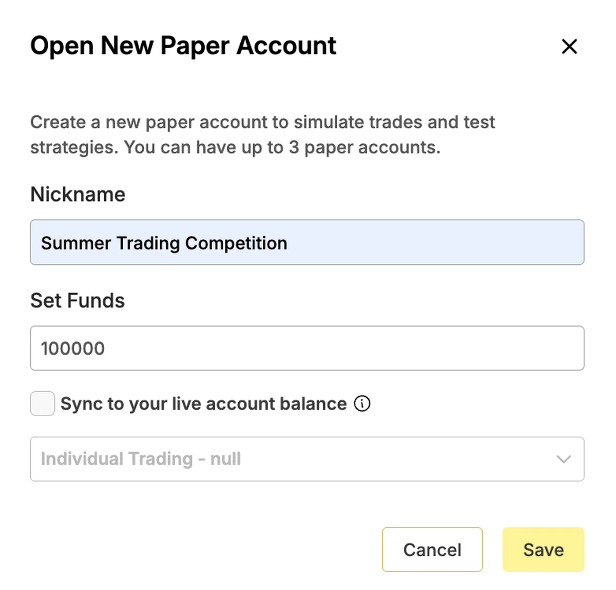 The Open New Paper Account dialog