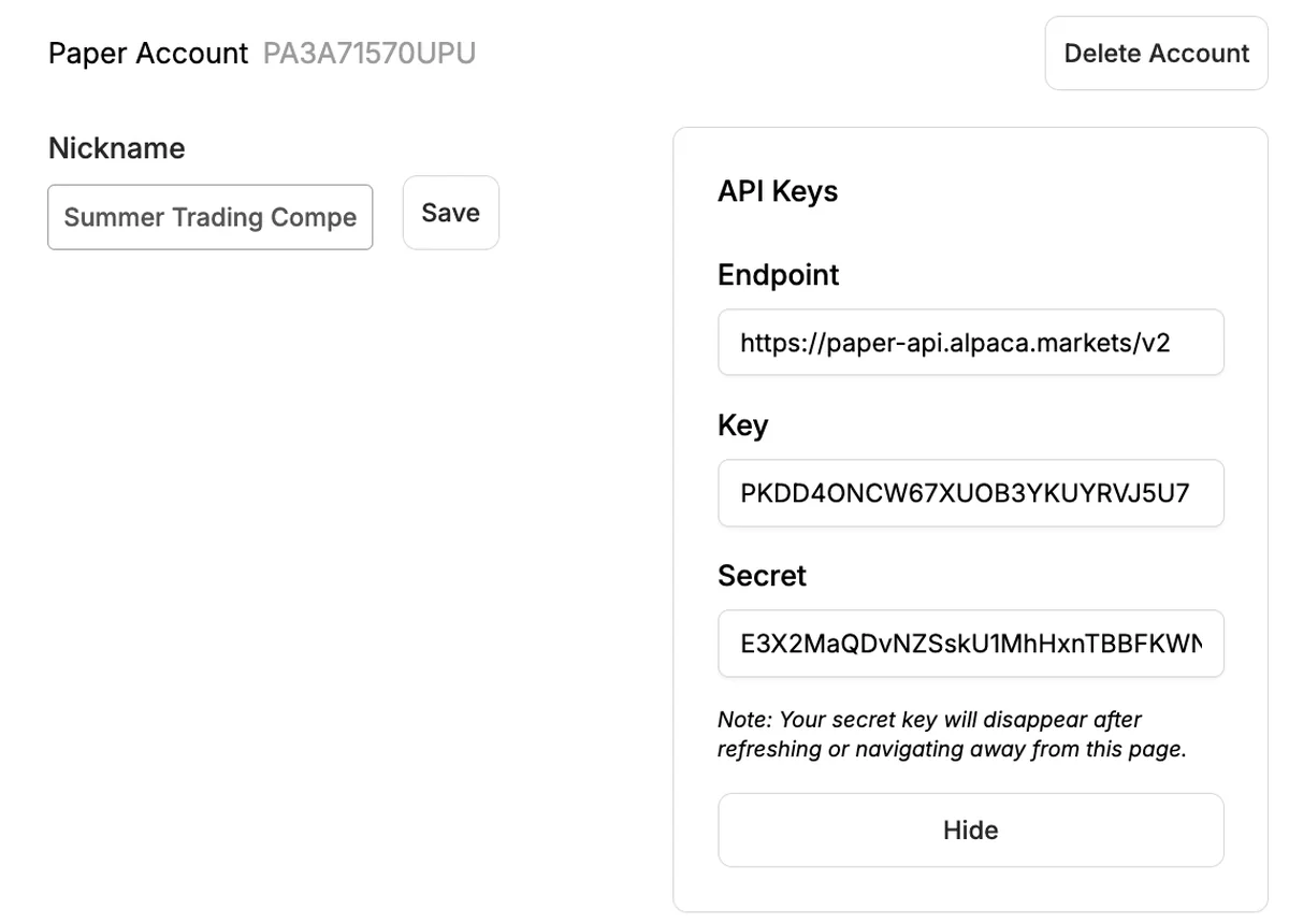 The API keys panel showing Key and Secret